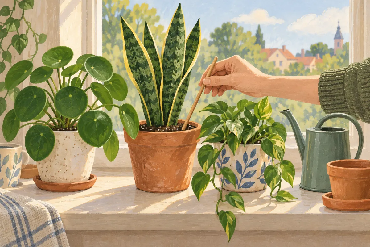 Ilustracja sprawdzania wilgotności ziemi w doniczce drewnianym patyczkiem