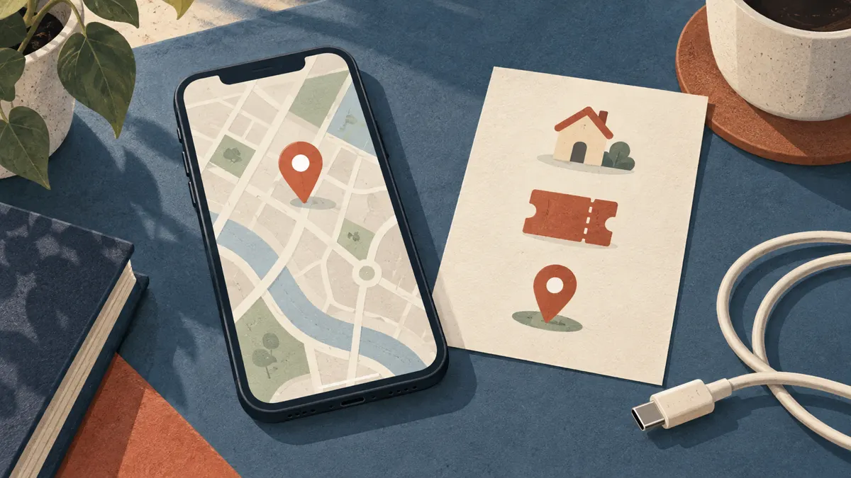 Ilustracja telefonu z mapą oraz przygotowanych informacji na dzień bez internetu